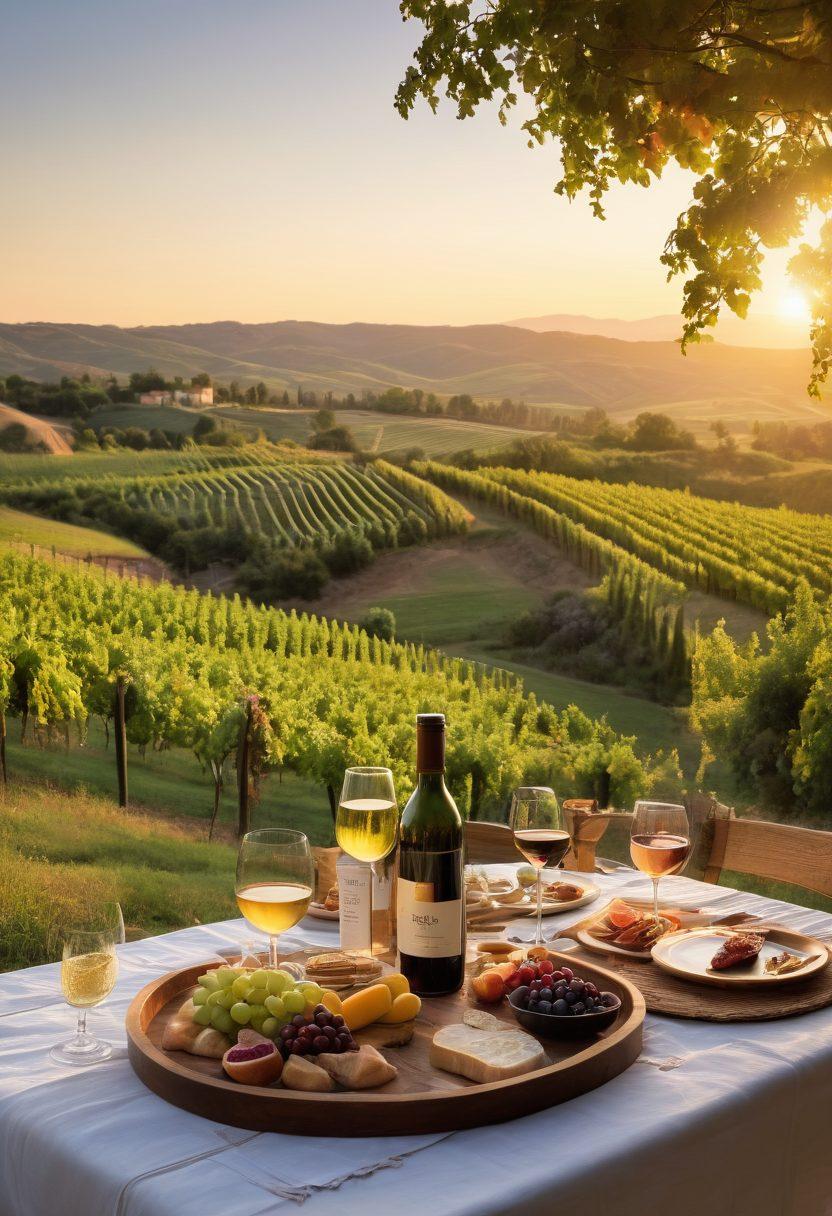 A picturesque vineyard landscape during golden hour, highlighting both luxury and rustic rental accommodations nestled among the grapevines. Include a couple enjoying a wine tasting on a terrace overlooking the rolling hills, with a striking sunset in the background. Add playful elements like wine glasses and a picnic spread. super-realistic. vibrant colors. serene ambiance.