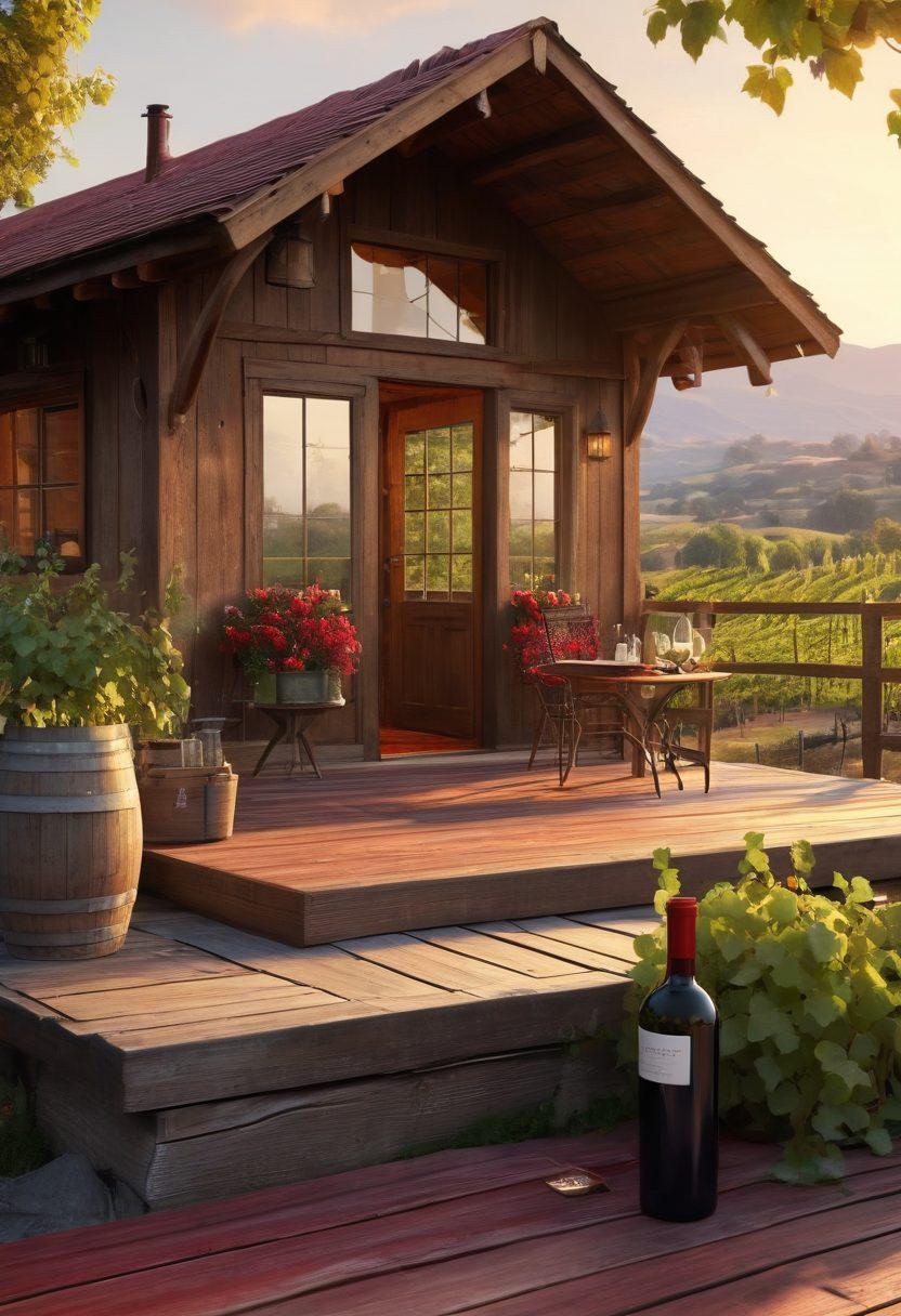 An inviting vintage wine lodging scene, featuring a cozy rustic cabin surrounded by grapevines, a wooden deck with a bottle of red wine and two glasses, soft warm lighting illuminating a charming outdoor setting, complemented by rolling hills in the background filled with vineyards. super-realistic. vibrant colors. 3D.