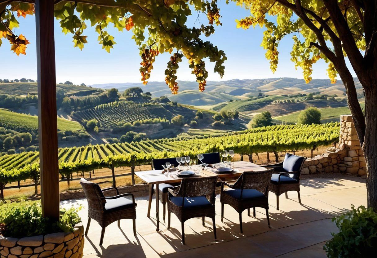 A stunning vineyard landscape showcasing both luxury and affordable wine region rentals. On one side, a lavish villa with elegant outdoor seating and wine tasting setup, and on the other, a cozy cabin with rustic charm, surrounded by grapevines. Bright sunlight filtering through the leaves, evoking a sense of warmth and relaxation. A background of rolling hills enhances the scenic beauty. super-realistic. vibrant colors.